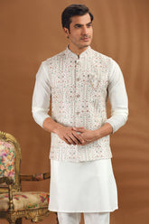 Cream Silk Jacket Kurta Pajama Set with Embroidery